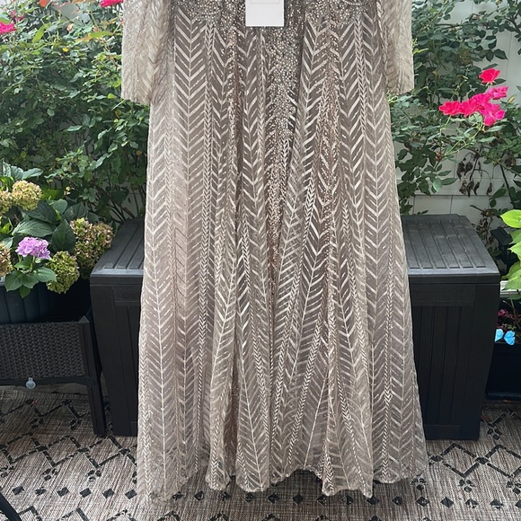 Ieena Mac Duggal - Embellished Illusion Long Sleeve Taupe A-line Gown - Picture 6 of 17